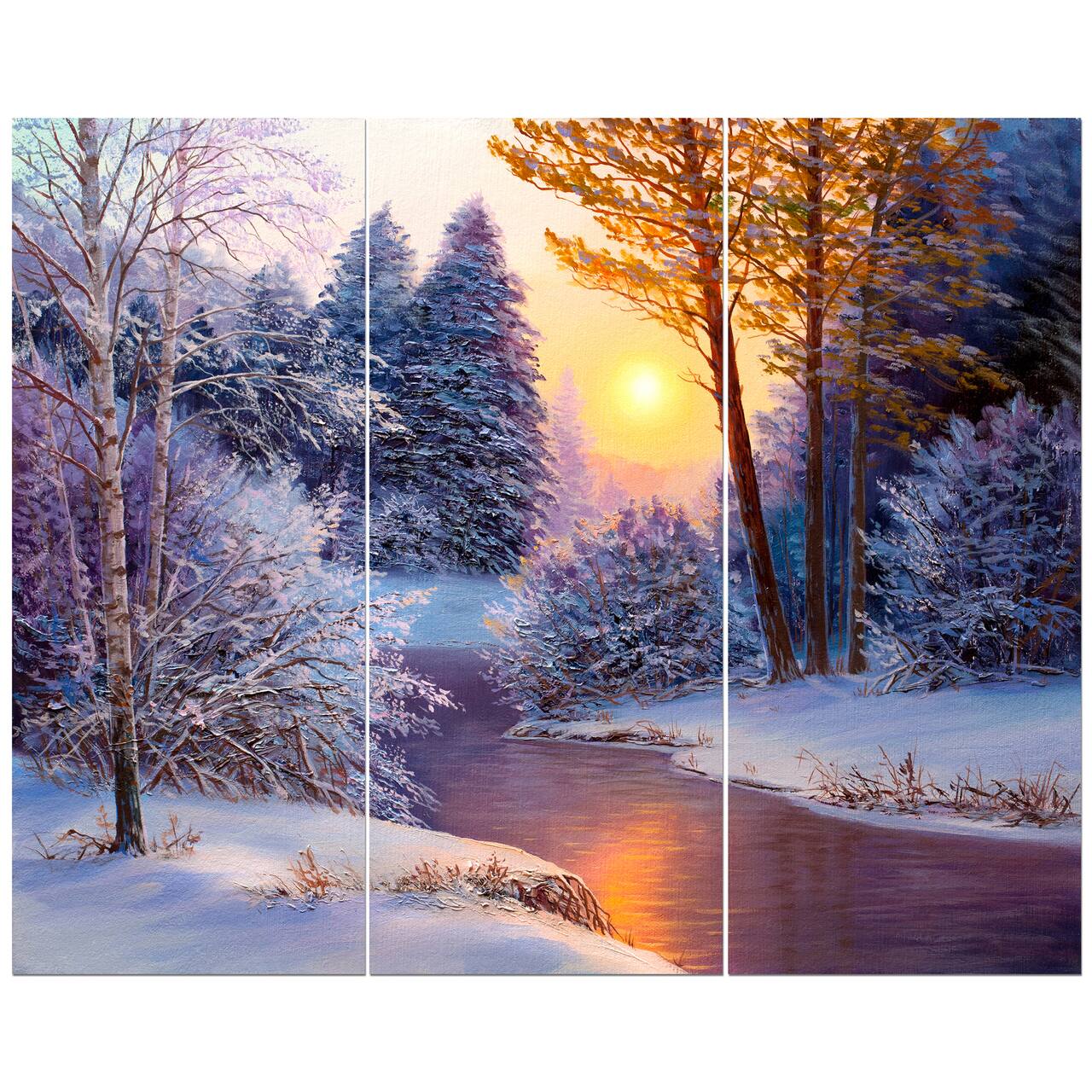 Designart - Winter Forest in River - Landscapes Painting Print on Wrapped Canvas set